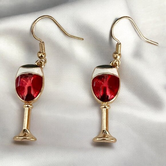 Red and Gold Wine Glass Dangle Earrings - Fun and Stylish Gift - Picture 1 of 2